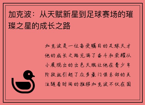 加克波：从天赋新星到足球赛场的璀璨之星的成长之路